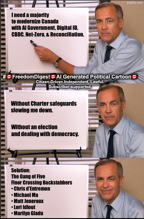 Illusion of Democracy | I need a majority 

to modernize Canada 

with AI Government, Digital ID, 
CBDC, Net-Zero, & Reconciliation. #🇨🇦FreedomDigest🇨🇦Al Generated Political Cartoon🇨🇦; Citizen-Driven.Independent. Lawful.
Subscriber-supported. Without Charter safeguards 
slowing me down. Without an election and dealing with democracy. Solution: 
The Gang of Five 
Floor Crossing Backstabbers
• Chris d'Entremon
• Michael Ma
• Matt Jeneroux
• Lori Idlout
• Marilyn Gladu | made w/ Imgflip meme maker