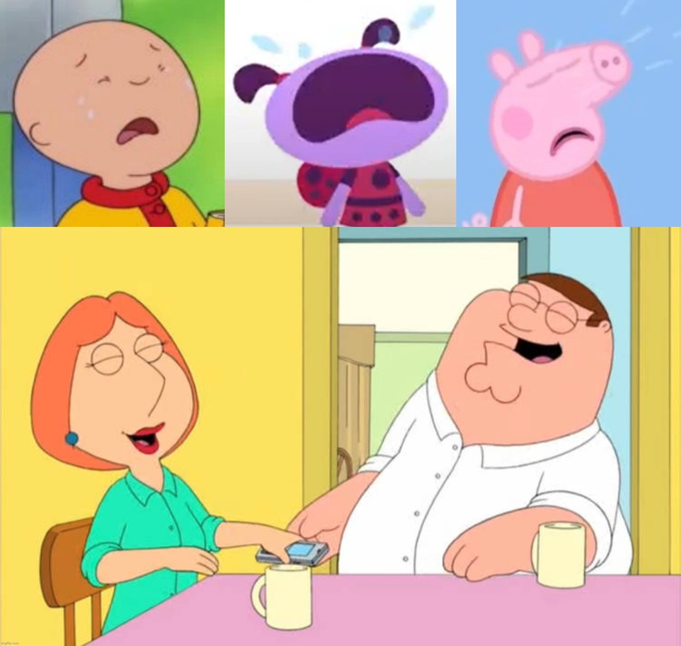 Peter and Lois laughing at caillou ladybird lu and peppa pig crying | image tagged in caillou ladybird lu and peppa pig crying,deviantart,family guy,peppa pig,caillou,deviantart week | made w/ Imgflip meme maker