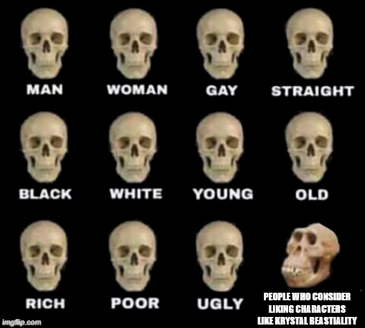 beastiality is of course bad, but if it has human-level sapience or higher i don't see it any different from liking asari's | people who consider liking characters like Krystal beastiality | image tagged in idiot skull,memes,furry memes | made w/ Imgflip meme maker