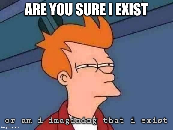 Futurama Fry Meme | are you sure i exist; or am i imagining that i exist | image tagged in memes,futurama fry | made w/ Imgflip meme maker