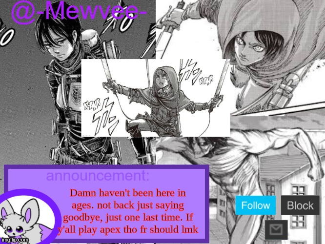 damn | Damn haven't been here in ages. not back just saying goodbye, just one last time. If y'all play apex tho fr should lmk | image tagged in mewvee temp 5 0 thx sylceon | made w/ Imgflip meme maker