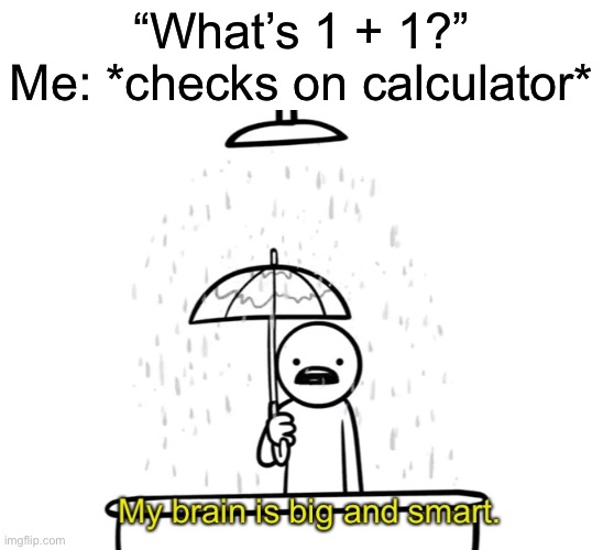 my brain is big and smart | “What’s 1 + 1?”
Me: *checks on calculator* | image tagged in my brain is big and smart | made w/ Imgflip meme maker