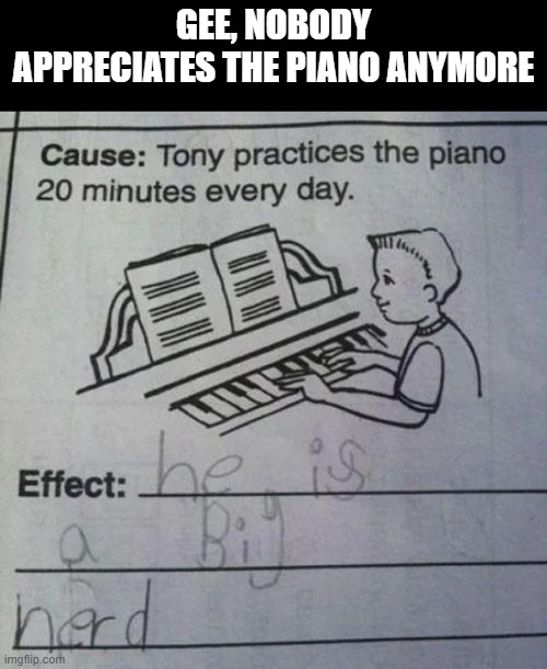 Piano Nerd | Gee, nobody appreciates the piano anymore | image tagged in piano,music | made w/ Imgflip meme maker