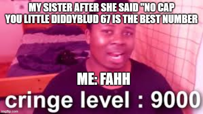 my sis is cringe | my sister after she said "no cap you little diddyblud 67 is the best number; me: fahh | image tagged in cringe level 9000,funny,memes,cringe sisters,sister,cringe | made w/ Imgflip meme maker