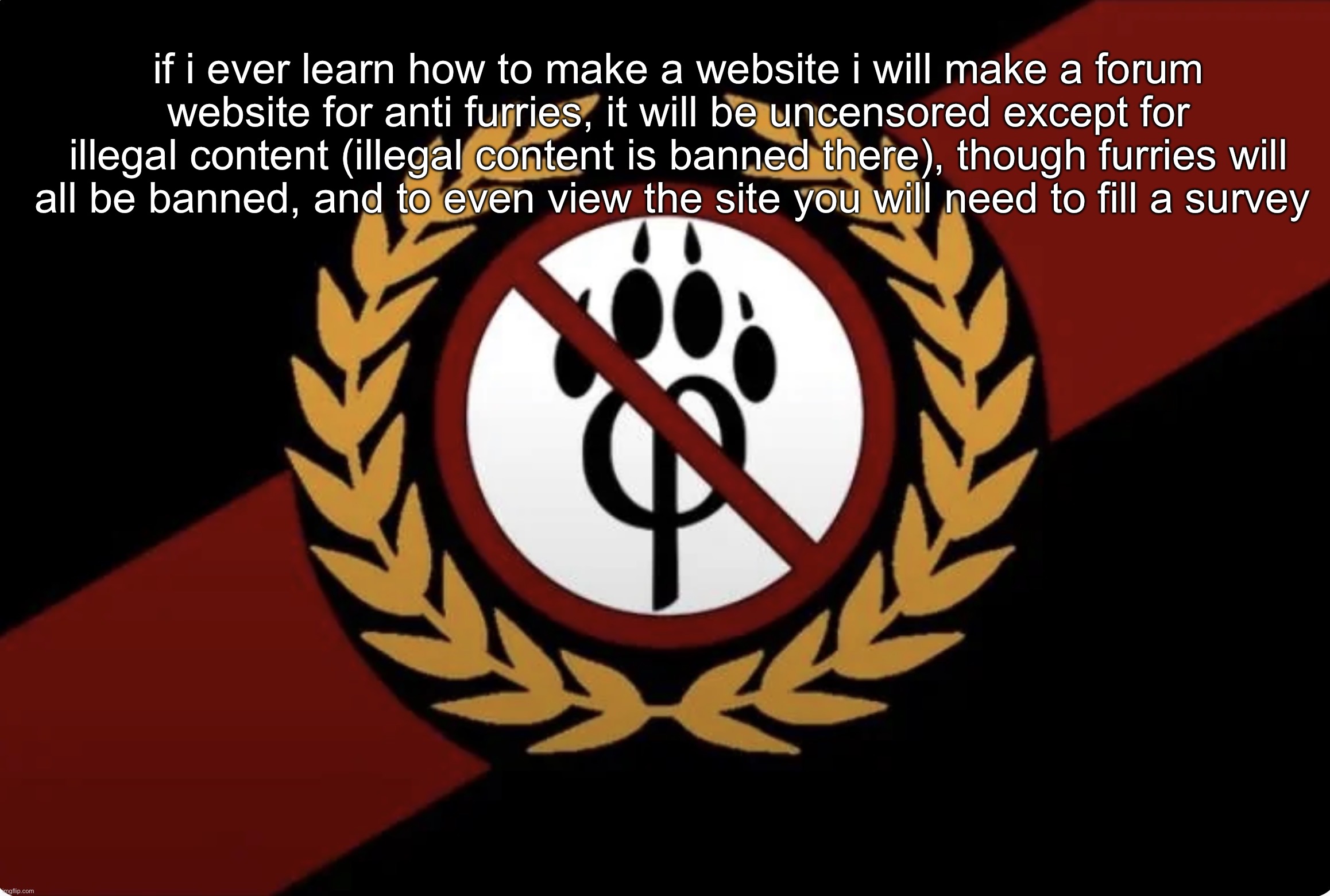 IMG_2704.jpeg | if i ever learn how to make a website i will make a forum website for anti furries, it will be uncensored except for illegal content (illegal content is banned there), though furries will all be banned, and to even view the site you will need to fill a survey | image tagged in img_2704 jpeg,remix | made w/ Imgflip meme maker
