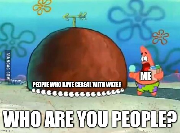 Patrick Who are you People | ME; People who have cereal with water | image tagged in patrick who are you people | made w/ Imgflip meme maker