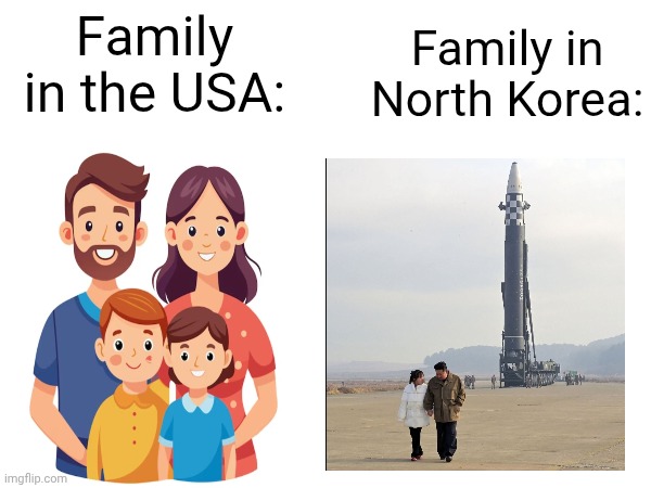 I dunno i had nothing to do rly | Family in North Korea:; Family in the USA: | image tagged in nuke,north korea,family,kim jong un | made w/ Imgflip meme maker