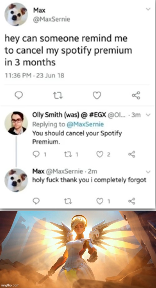 image tagged in overwatch mercy meme,reminder,spotify,spotify premium,chad,memes | made w/ Imgflip meme maker
