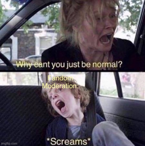 They Shut BabyTV Fanon Down, Yet Literally Keep Inappropriate Wikis | Fandom Moderation: | image tagged in why can't you just be normal | made w/ Imgflip meme maker