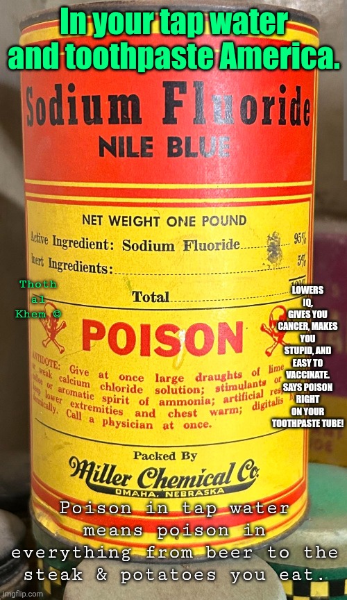 Stop poisoning yourself!- | In your tap water and toothpaste America. LOWERS IQ, gives you cancer, makes you stupid, and easy to vaccinate. Says poison right on your toothpaste tube! Thoth al Khem ©; Poison in tap water means poison in everything from beer to the steak & potatoes you eat. | image tagged in thoth al khem,fluoride lowers iq,what does iq stand for,lol,sodium fluoride is poison,daily ritual self poisoning | made w/ Imgflip meme maker
