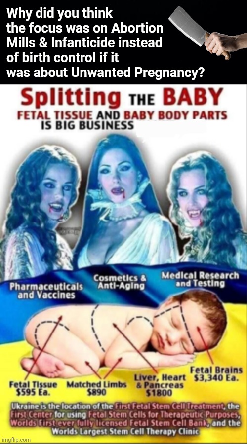 Chop shop profits | Why did you think the focus was on Abortion Mills & Infanticide instead of birth control if it was about Unwanted Pregnancy? | image tagged in black background,ghouls at abortion mills | made w/ Imgflip meme maker