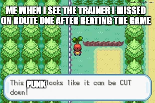 This punk looks like he can be cut down! | Me when I see the trainer I missed on route one after beating the game; punk | image tagged in pokemon tree | made w/ Imgflip meme maker