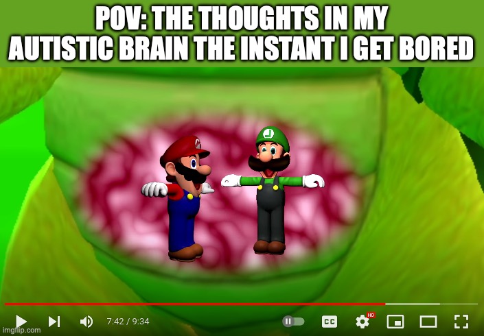 I know I'm not the only one to think about this way. | POV: The thoughts in my autistic brain the instant I get bored | image tagged in mario and luigi t-posing in bowser,smg4 | made w/ Imgflip meme maker