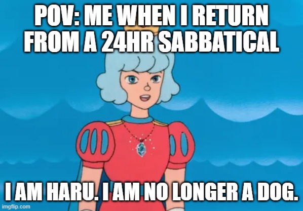 Prince Haru Returns | pov: me when i return from a 24hr sabbatical; i am haru. i am no longer a dog. | image tagged in prince haru returns | made w/ Imgflip meme maker