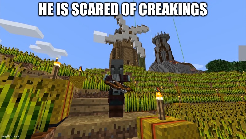 Pillager | He is scared of creakings | image tagged in pillager | made w/ Imgflip meme maker