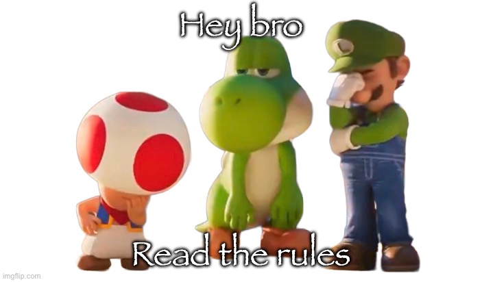 Toad Luigi and Yoshi reaction image | Hey bro Read the rules | image tagged in toad luigi and yoshi reaction image | made w/ Imgflip meme maker