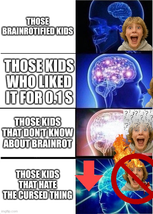 67 more like my we | those brainrotified kids; those kids who liked it for 0.1 s; those kids that don't know about brainrot; those kids that hate THE CUrsed thing | image tagged in memes,expanding brain | made w/ Imgflip meme maker