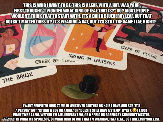 Best leaf I’ve ever dried | This is who I want to be. This is a leaf. With a hat. Was your first thought “I wonder what kind of leaf that is?” No? Most people wouldn’t think that to start with. It’s a dried blueberry leaf, but that doesn’t matter does it? It’s wearing a hat, but it’s still the same leaf, right? I want people to look at me, in whatever clothes or hair I have, and say “it’s a person” not “is that a boy or a girl” or “does it still have a stem?” (Iykyk 😒) I just want to be a leaf. Wether I’m a blueberry leaf, or a sprig or rosemary shouldn’t matter. No matter what my species is, or what kind of cute hat I’m wearing, I’m a leaf, just like everyone else | image tagged in image jpg | made w/ Imgflip meme maker