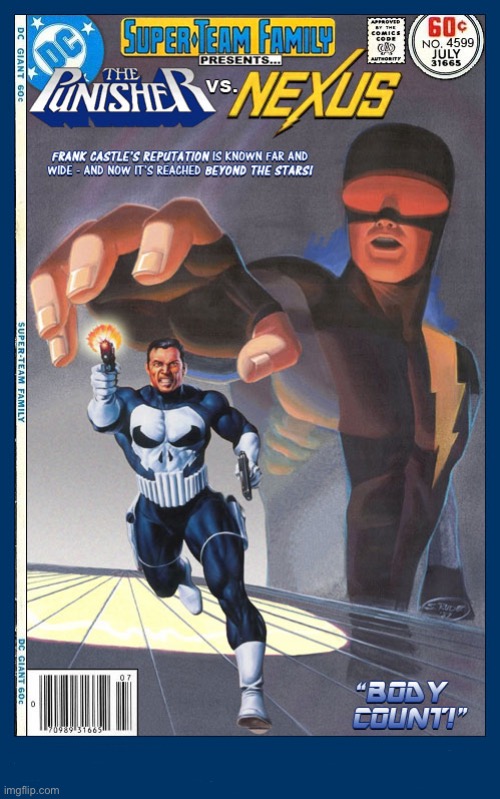 Frank Castle meets Horatio Hellpop! | image tagged in comics,the punisher,nexus,crossover,super team family | made w/ Imgflip meme maker