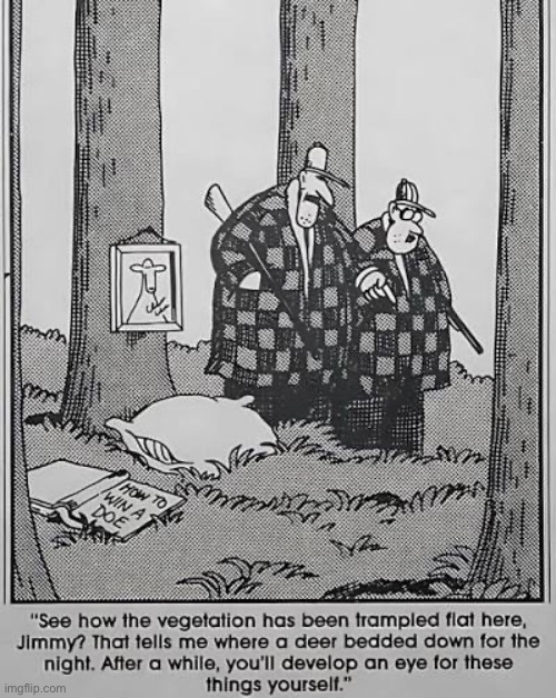 He’s very observant… | image tagged in the far side,comics,hunters,deer,bedding down,develop an eye | made w/ Imgflip meme maker