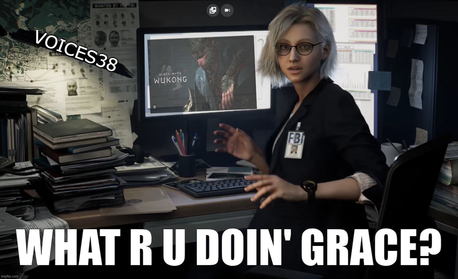 A Story Within the Story | voices38; what r u doin' grace? | image tagged in resident evil,black myth wukong,voices38,denuvo | made w/ Imgflip meme maker
