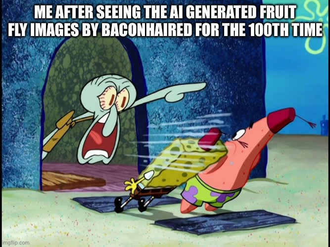 Omg STOP SPAMMING AI FRUIT FLY PICTURES | Me after seeing the ai Generated Fruit Fly images by Baconhaired For the 100th Time | image tagged in squidward screaming,baconhaired,bacon hair,cringe,fruit fly,memes | made w/ Imgflip meme maker