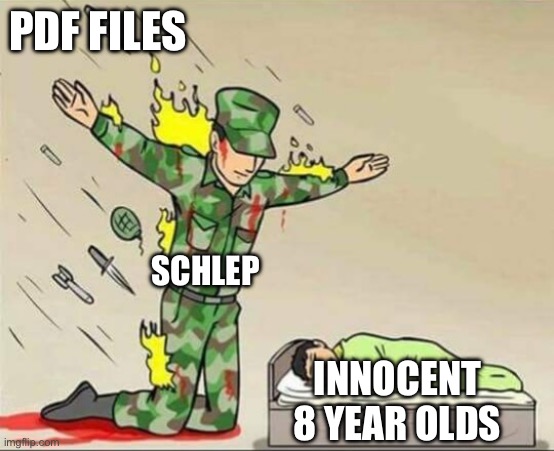 Soldier protecting sleeping child | PDF Files; Schlep; Innocent 8 year olds | image tagged in soldier protecting sleeping child | made w/ Imgflip meme maker