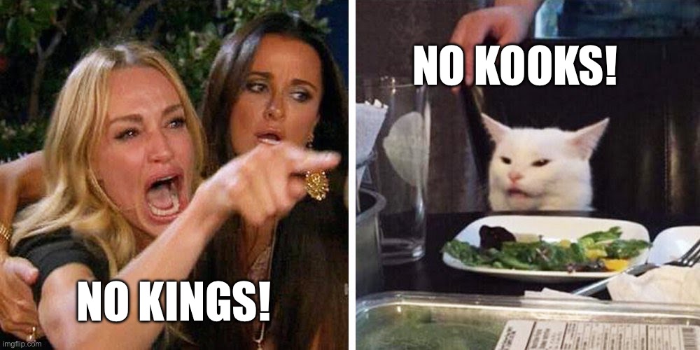 NO KINGS! | No kooks! NO KINGS! | image tagged in smudge the cat,no kings,no kings protest | made w/ Imgflip meme maker