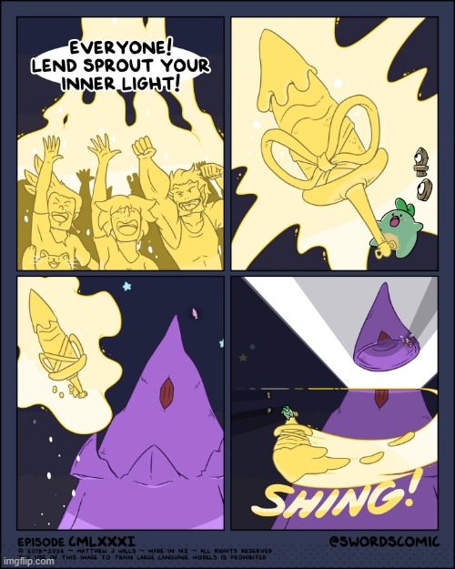 The Birthday Blade gets an upgrade! | image tagged in sword,light,sprout,quest,tower,slice | made w/ Imgflip meme maker