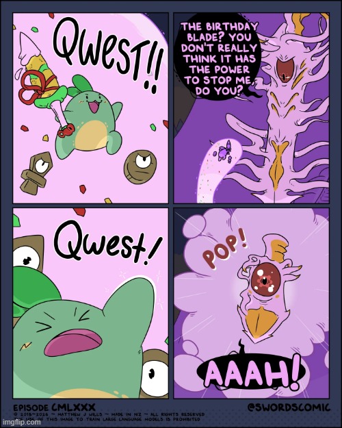 Eternal gets shrunken! | image tagged in swords,sprout,quest,eternal,slumber,shrink | made w/ Imgflip meme maker