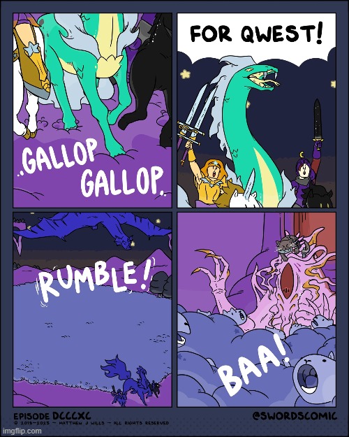 Here come the Dream Princess, the Questing Beast, and the Good Knight! | image tagged in swords,army,dream,sheep,eternal,slumber | made w/ Imgflip meme maker