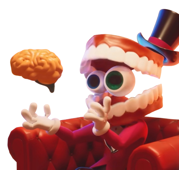 Caine sitting down and holding Brain Blank Meme Template