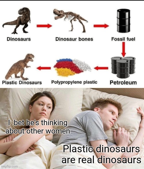 I  bet he's thinking about other women; Plastic dinosaurs are real dinosaurs | image tagged in memes,i bet he's thinking about other women | made w/ Imgflip meme maker