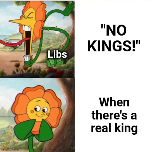 They proved it again | "NO KINGS!"; Libs; When there's a real king | image tagged in cuphead flower,memes,democrats,no kings,hypocrisy,king charles | made w/ Imgflip meme maker