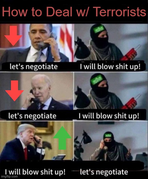 Don't FUND Terrorists....PUNISH Them. | How to Deal w/ Terrorists | image tagged in donald trump,barack obama,joe biden,strong dog vs weak dog,crying democrats,terrorists | made w/ Imgflip meme maker