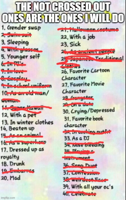 I might do this sometime in the future | the not crossed out ones are the ones I will do | image tagged in 40 day oc challenge | made w/ Imgflip meme maker
