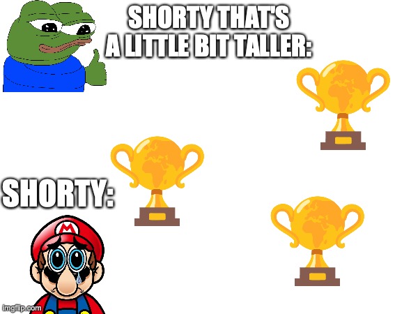 shorties | shorty that's a little bit taller:; shorty: | image tagged in fun,shorty,pepe,mario,world trophy | made w/ Imgflip meme maker