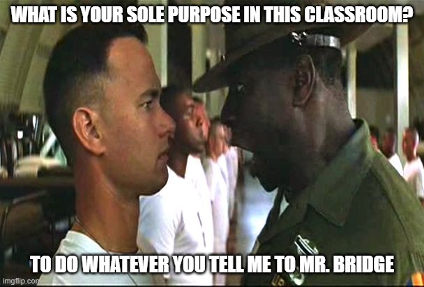 Forrest gump army | What is your sole purpose in this classroom? To do whatever you tell me to Mr. Bridge | image tagged in forrest gump army | made w/ Imgflip meme maker