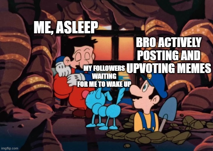 Mario and Luigi dig out the gold mine | me, asleep; bro actively posting and upvoting memes; my followers waiting for me to wake up | image tagged in mario and luigi dig out the gold mine | made w/ Imgflip meme maker