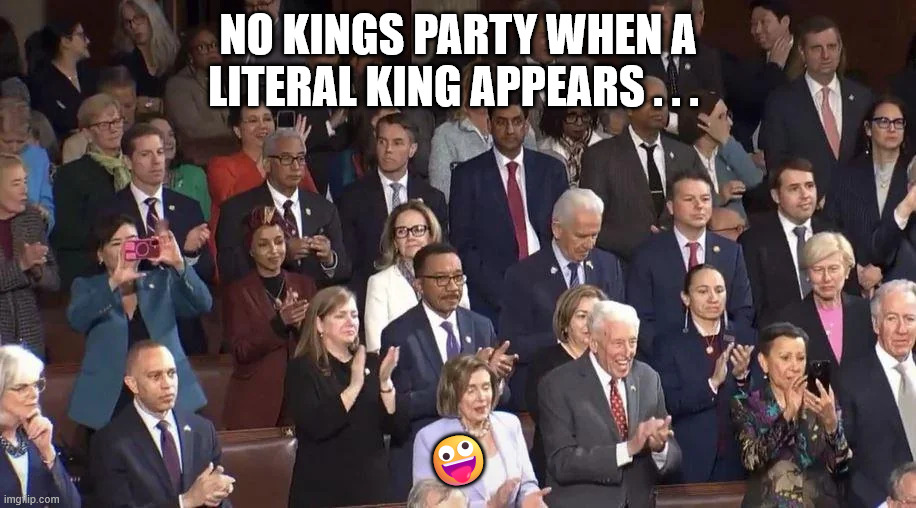 No Kings party when a literal King appears . . . ? | made w/ Imgflip meme maker