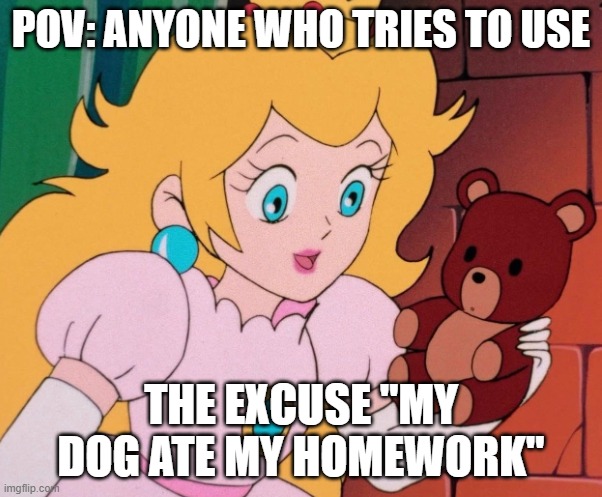 Peach turns Bowser into teddy bear | pov: anyone who tries to use; the excuse "my dog ate my homework" | image tagged in peach turns bowser into teddy bear | made w/ Imgflip meme maker