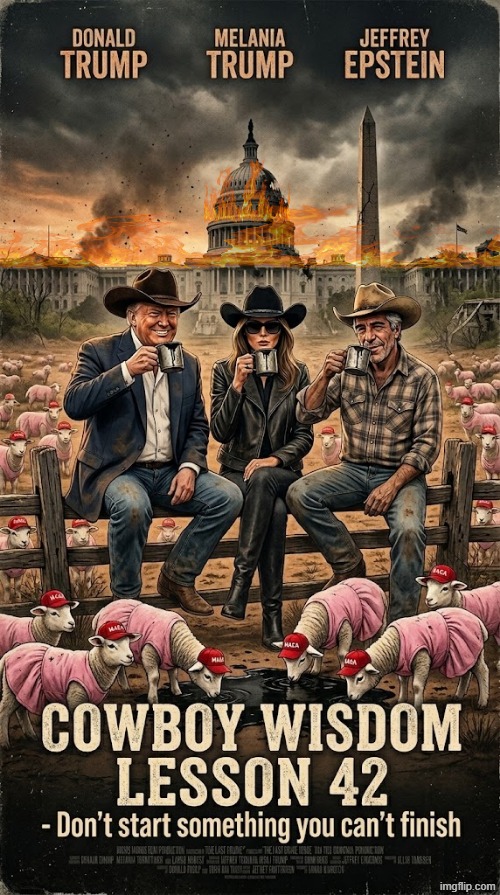 COWBOY WISDOM: LESSON 42 | image tagged in cowboy father and son,cowboy wisdom,donald trump,melania trump,jeffrey epstein,memes | made w/ Imgflip meme maker