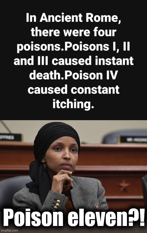 Dumbass | Poison eleven?! | image tagged in ilhan omar something,memes,eleven,poison,democrats,stupid | made w/ Imgflip meme maker