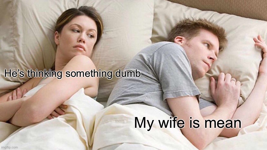 I Bet He's Thinking About Other Women | He’s thinking something dumb; My wife is mean | image tagged in memes,i bet he's thinking about other women | made w/ Imgflip meme maker