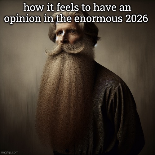 old man standing with very long blonde bright beard | how it feels to have an opinion in the enormous 2026 | image tagged in old man standing with very long blonde bright beard | made w/ Imgflip meme maker