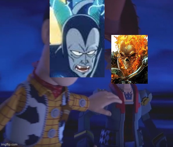 The Devilmite Beam does not care if you have regrets, it only cares if you have done evil. | image tagged in woody stopping sora meme template,dragon ball z,ghost rider | made w/ Imgflip meme maker