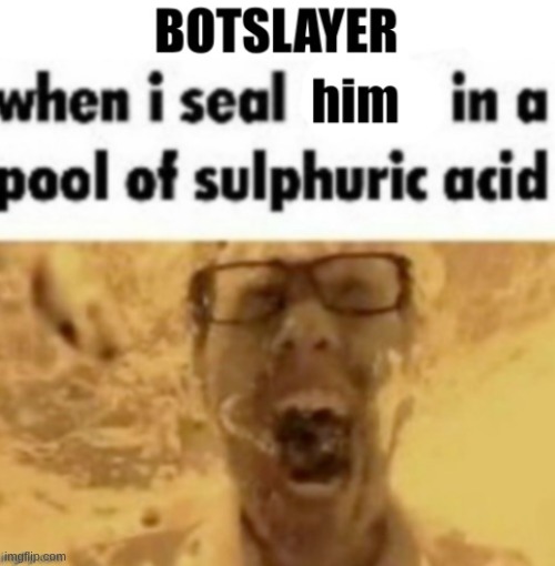 Botslayer when I seal him in a pool of sulphuric acid | image tagged in botslayer when i seal him in a pool of sulphuric acid | made w/ Imgflip meme maker
