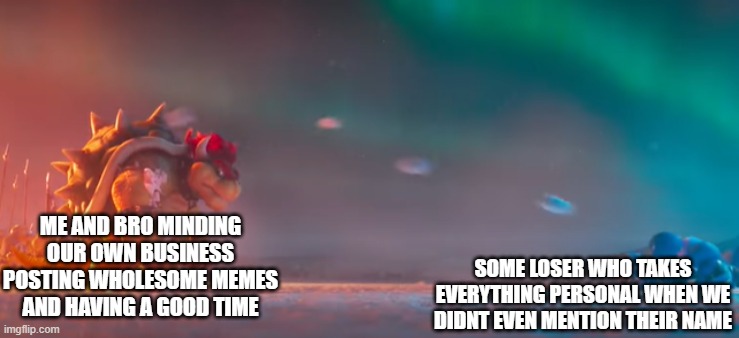 Bowser penguins | me and bro minding our own business posting wholesome memes and having a good time; some loser who takes everything personal when we didnt even mention their name | image tagged in bowser gettting hit by snowballs | made w/ Imgflip meme maker