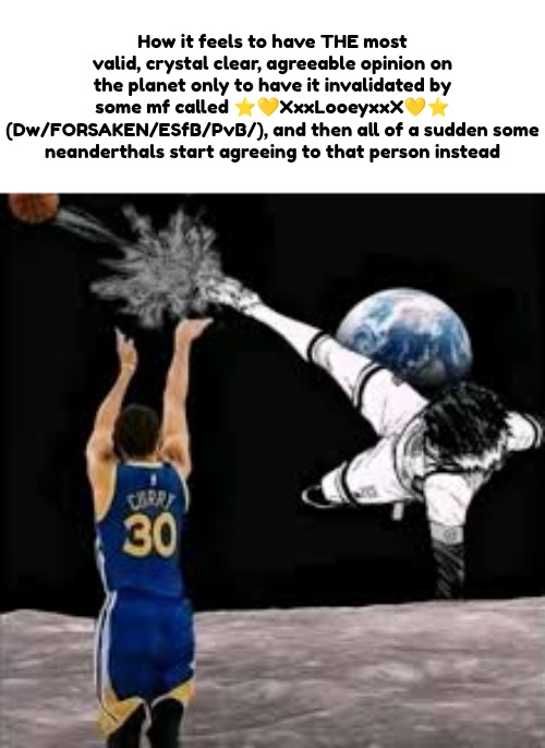 TikTok core: | How it feels to have THE most valid, crystal clear, agreeable opinion on the planet only to have it invalidated by some mf called ⭐💛XxxLooeyxxX💛⭐ (Dw/FORSAKEN/ESfB/PvB/), and then all of a sudden some neanderthals start agreeing to that person instead | image tagged in stephen curry rejected shot | made w/ Imgflip meme maker