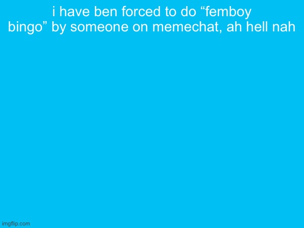 i have ben forced to do “femboy bingo” by someone on memechat, ah hell nah | made w/ Imgflip meme maker